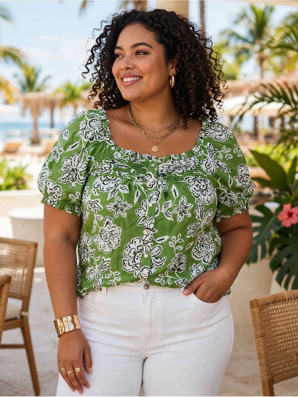 ROSE + OLIVE Green Floral Puff Sleeve Blouse - Size XL